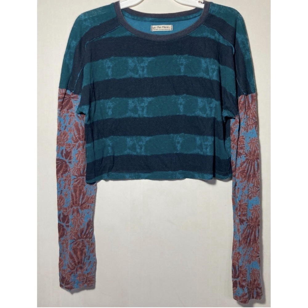 WE THE FREE BY FREE PEOPLE JAMIE CROPPED LONG SLEEVE TEE GREEN BLACK MAUVE MED - Picture 7 of 13